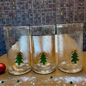 Set of 3 fused glass tumblers, with adorable little Christmas trees, hand blown